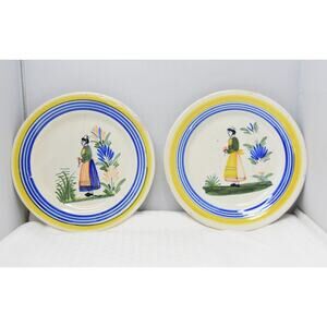 Henriot Quimper Petit Breton Primitive French Faïence Figural Plates, Set of 2